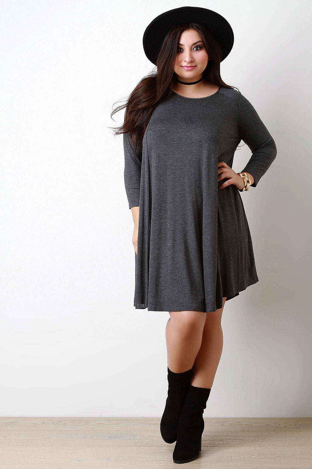 Round Neck Long Sleeves Teardrop Midi Shift Dress