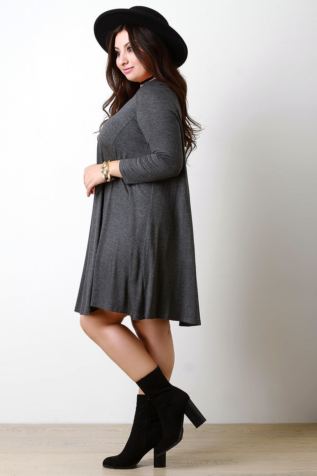 Round Neck Long Sleeves Teardrop Midi Shift Dress
