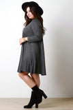 Round Neck Long Sleeves Teardrop Midi Shift Dress