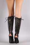 Perforated Peep Toe Lace Up Knee High Boots