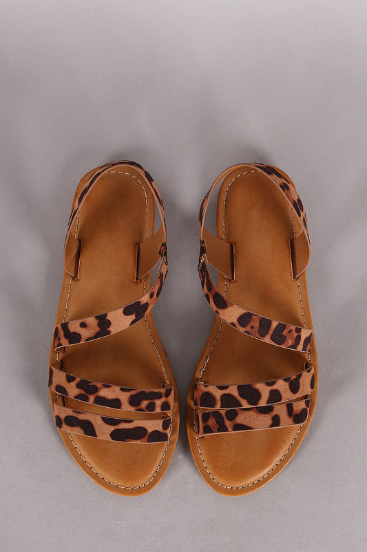Bamboo Leopard Strappy Asymmetrical Flat Sandal