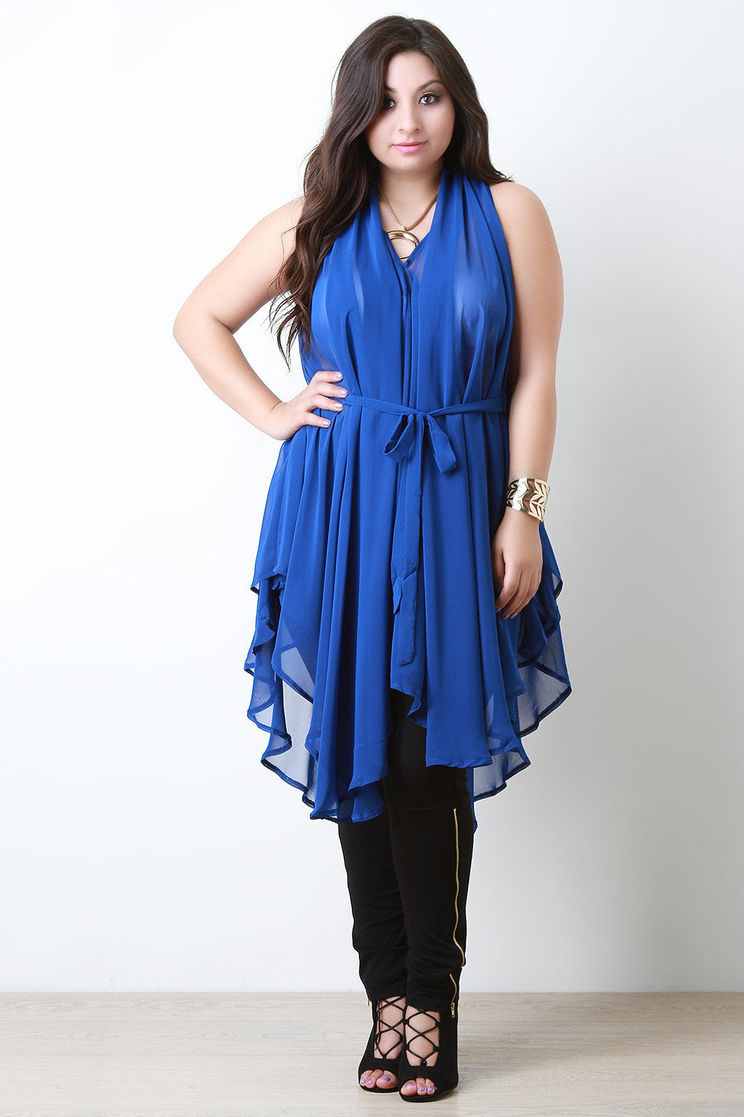 Chiffon Sleeveless Sharkbite Tie Waist Tunic Top