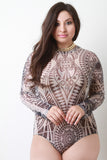 Tribal Semi-Sheer Mesh Mock Neck Long Sleeve Bodysuit