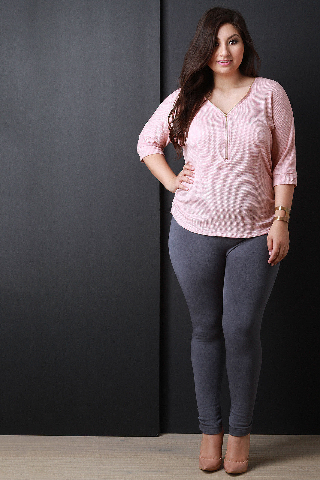 Rib Knit Zip Neck Top