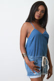 Faded Denim V-Neck Drawstring Cami Romper