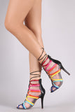 Rainbow Strappy Mesh Inset Lace-Up Peep Toe Booties