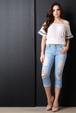 Cold Shoulder Embroidered Sleeve Woven Top