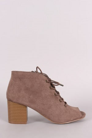 Bamboo Suede Peep Toe Lace-Up Chunky Heeled Booties