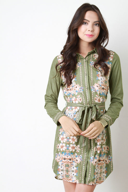 Vegan Suede Floral Button Up Dress