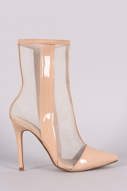Patent Mesh Inset Pointy Toe Stiletto Ankle Boots