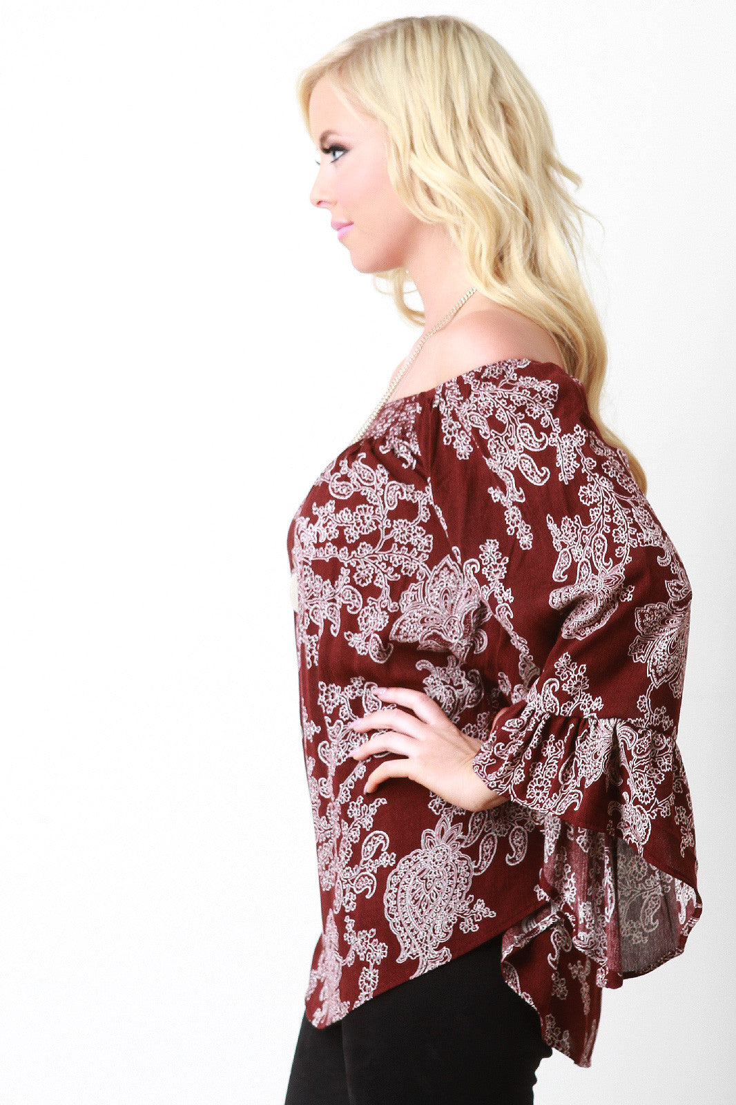 Bell Sleeve Off The Shoulder Paisley Print Top