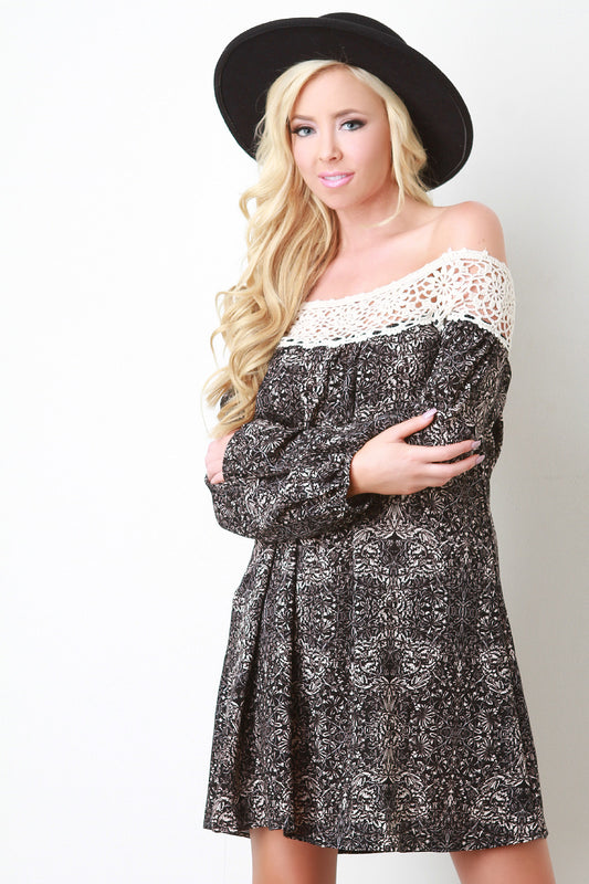 Crochet Neckline Off The Shoulder Shift Dress