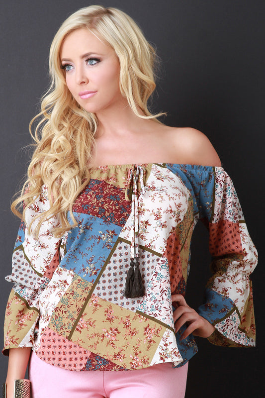 Patchwork Print Off The Shoulder Peasant Blouse