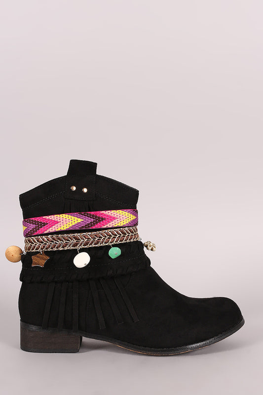Suede Strappy Dangle Charms Western Ankle Boots