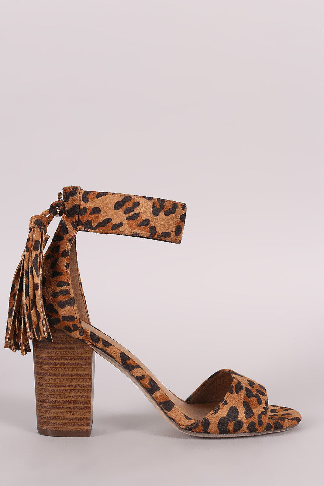 Breckelle Leopard Tassel Ankle Cuff Open Toe Chunky Heel