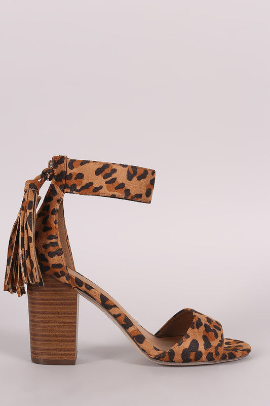Breckelle Leopard Tassel Ankle Cuff Open Toe Chunky Heel