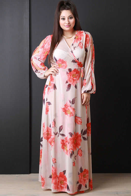 Semi-Sheer Floral Wrap Maxi Dress