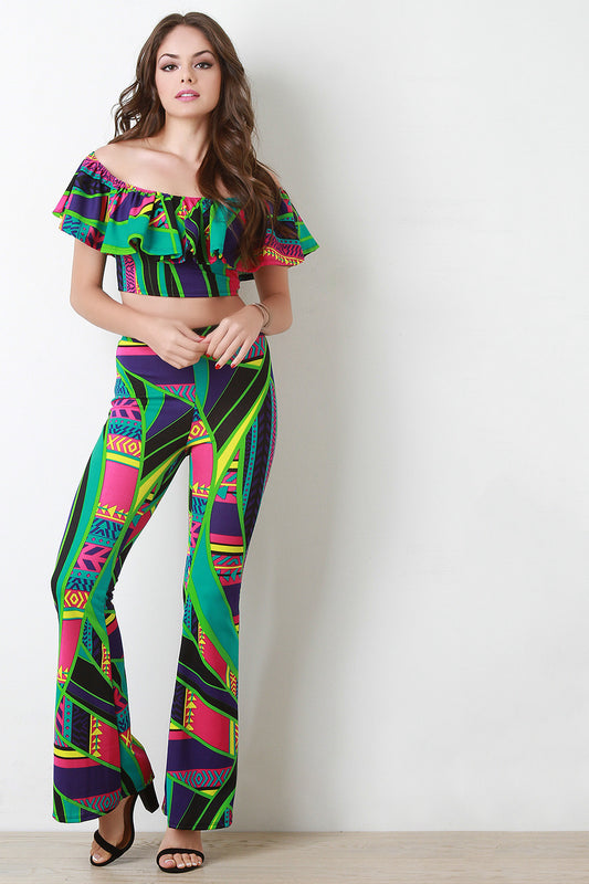 Colorful Abstract Tribal Off The Shoulder Crop Top