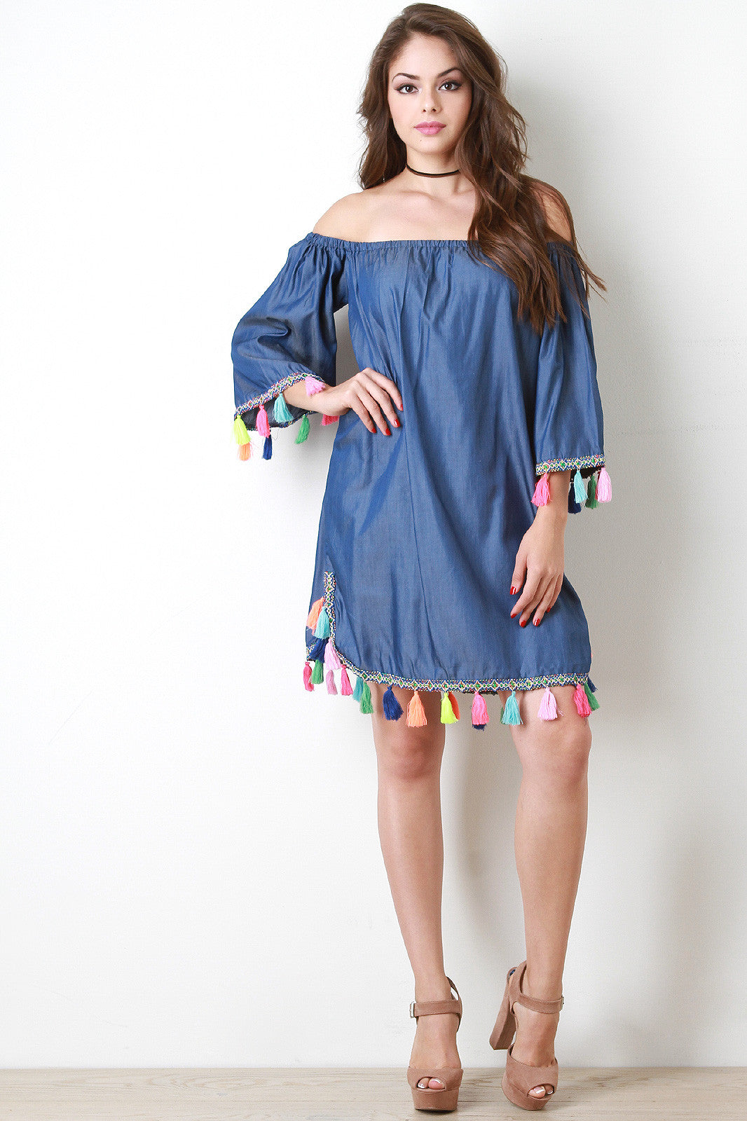 Chambray Bardot Neon Tassel Shift Dress