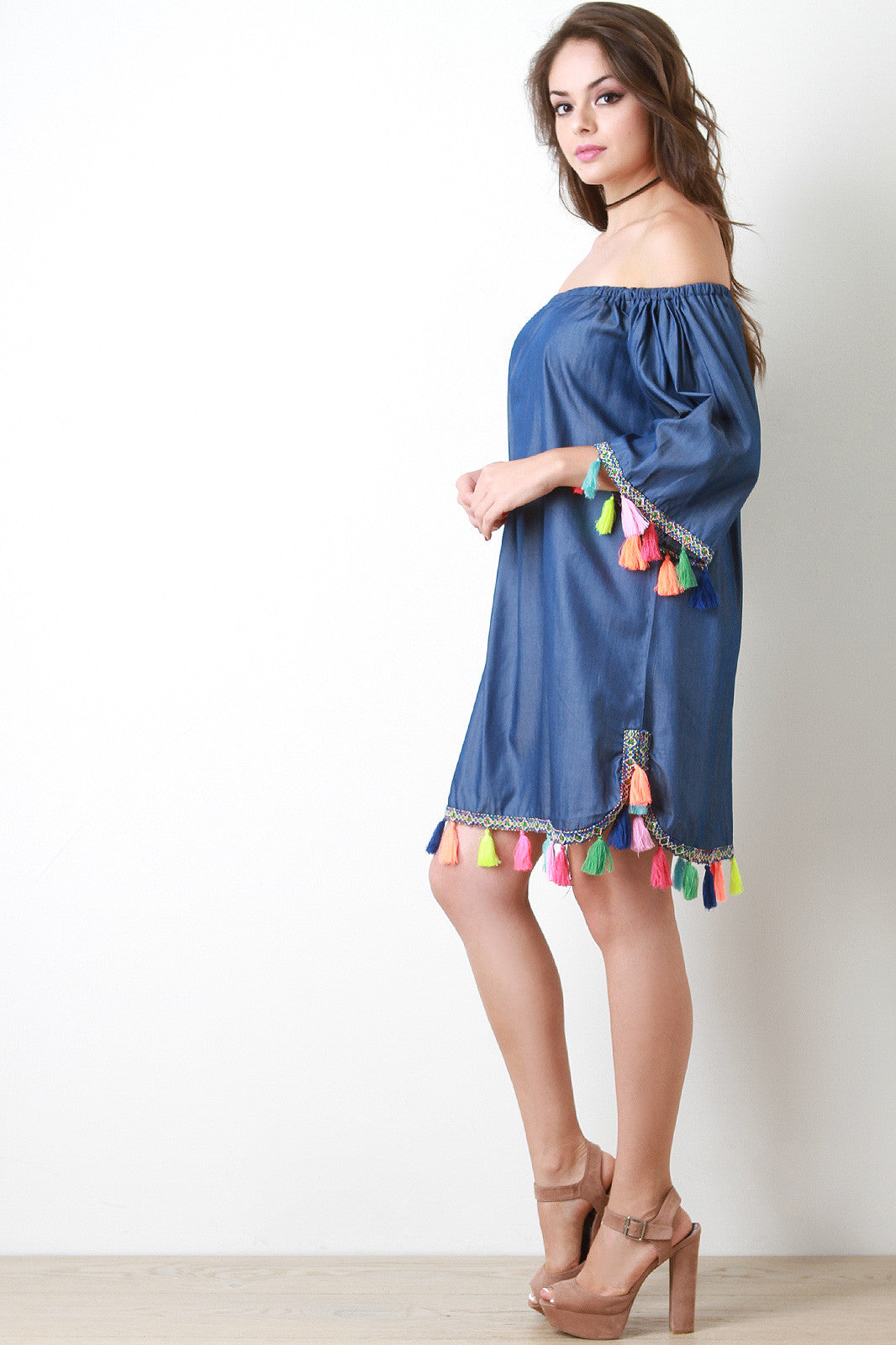 Chambray Bardot Neon Tassel Shift Dress