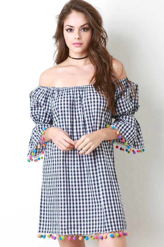 Gingham Bardot Pom Pom Shift Dress