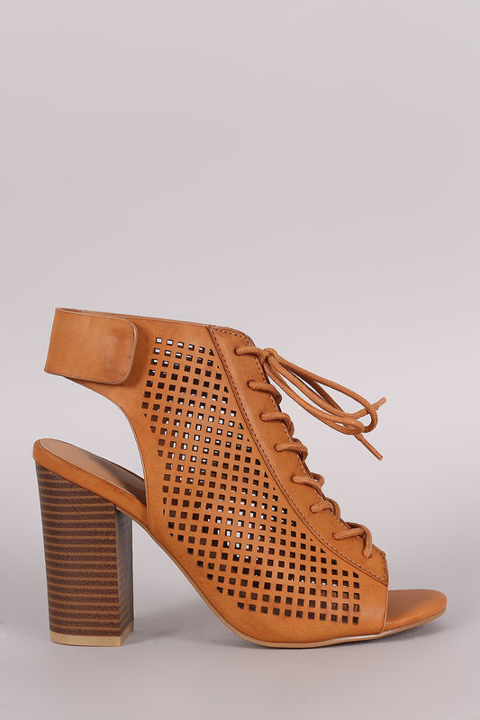 Bamboo Perforated Lace Up Chunky Heeled Mule Booties