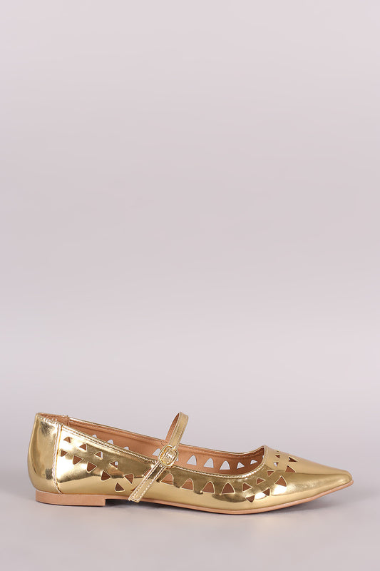 Qupid Laser Cutout Mirror Metallic Pointy Toe Mary Jane Flat