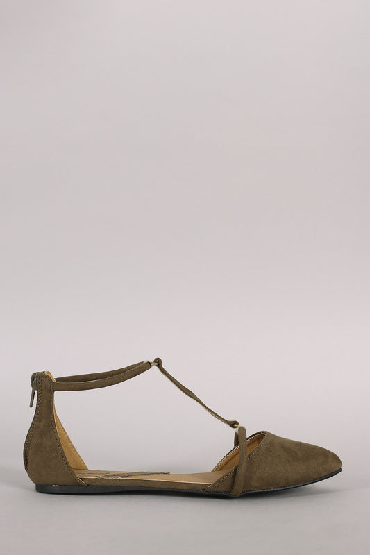 Qupid Suede Gold-Plated Hardware Embellished Pointy Toe Flat