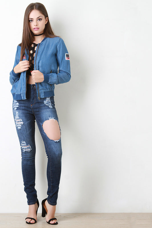 Chambray Denim Patch Bomber Jacket