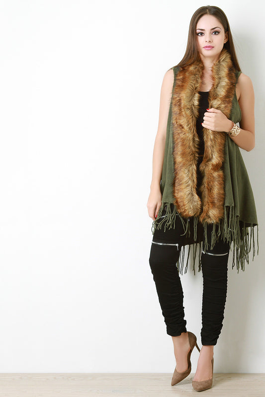 Faux Fur Collar Knitted Fringe Trim Vest