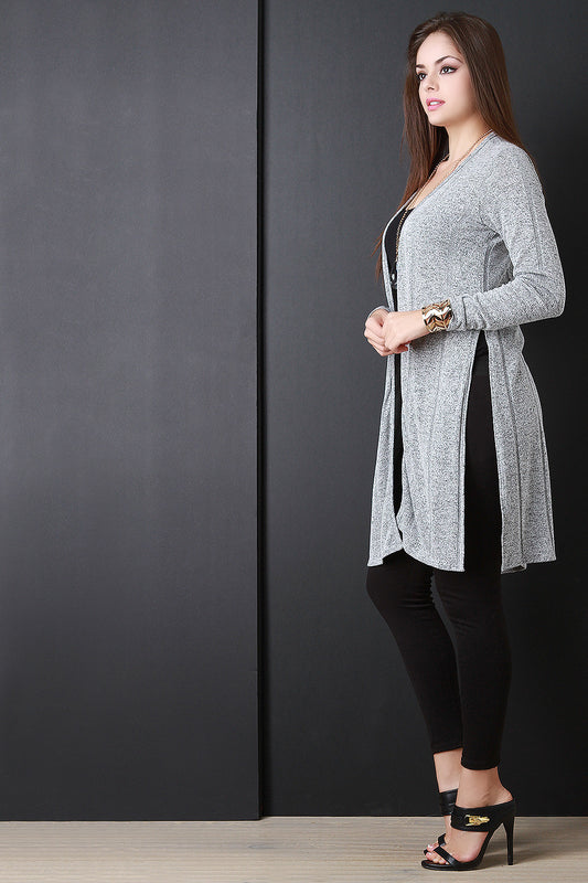 Heather Knit Side Slits Long Cardigan