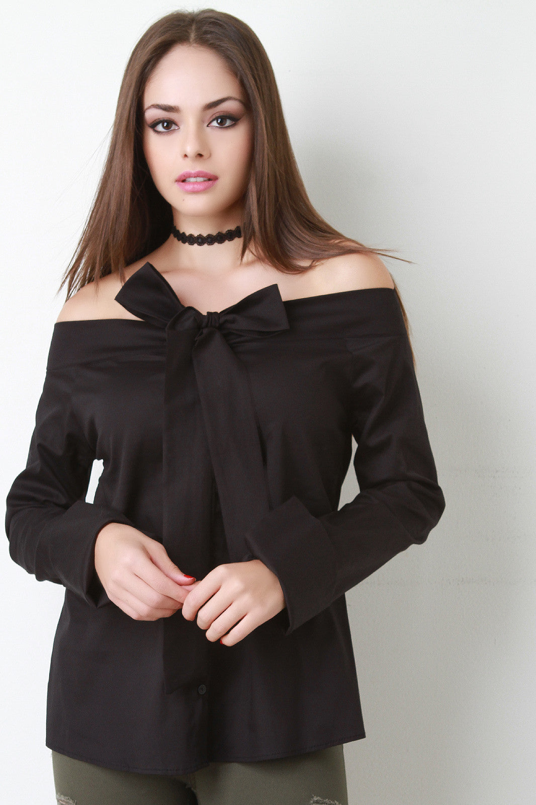 Bow Tie Button Up Bardot Top
