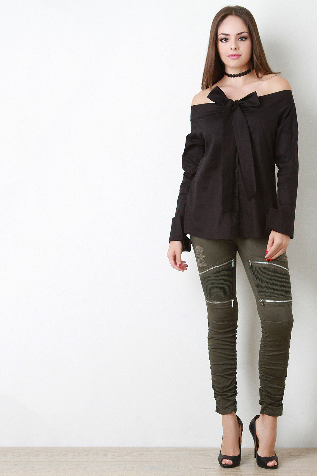 Bow Tie Button Up Bardot Top