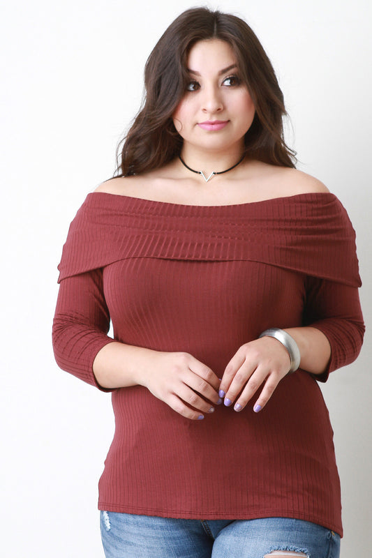 Fold Over Off The Shoulder Ribbed Knit Top