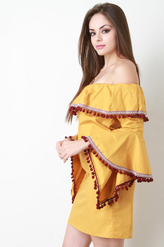 Pom Pom Bell Sleeve Bardot Mini Dress