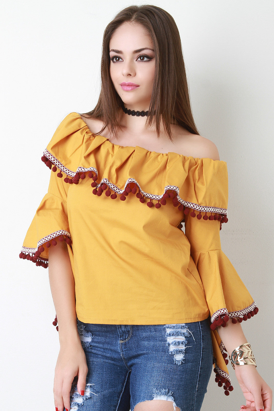 Bell Sleeve Pom Pom Bardot Top