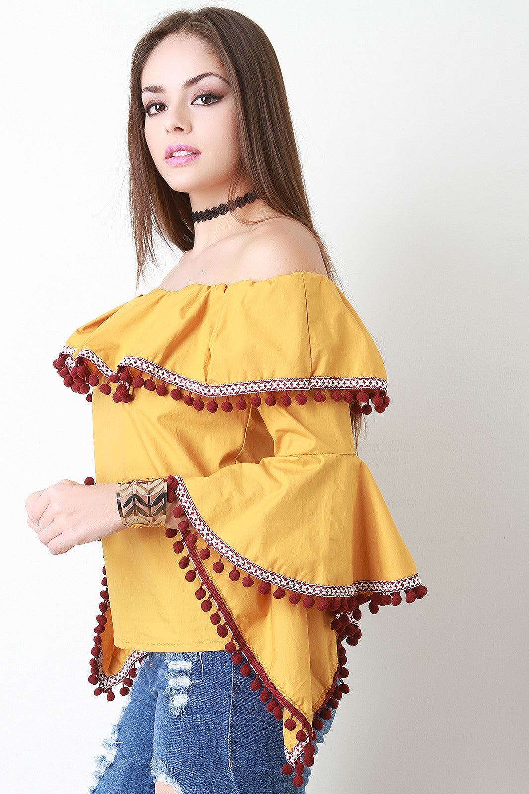 Bell Sleeve Pom Pom Bardot Top