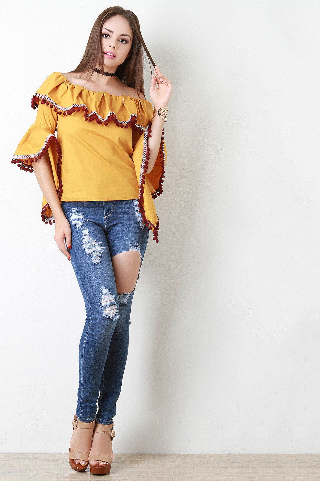 Bell Sleeve Pom Pom Bardot Top