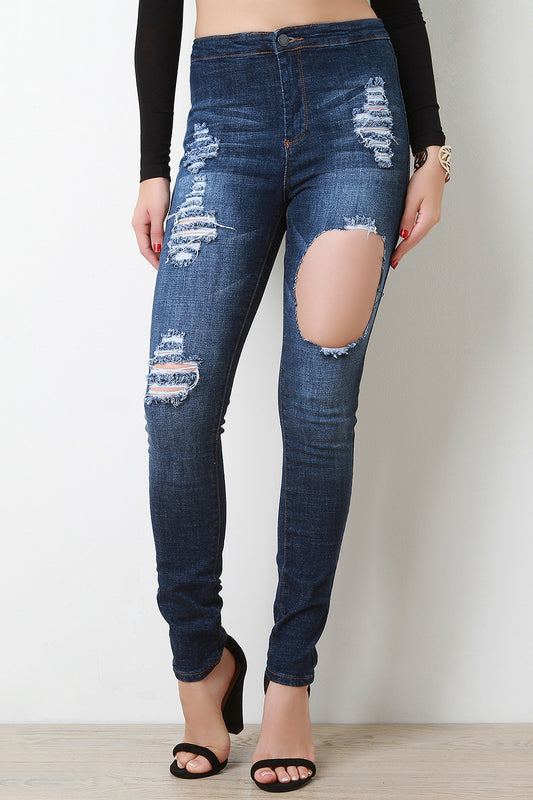 Distress High Waisted Two Pocket Jeans