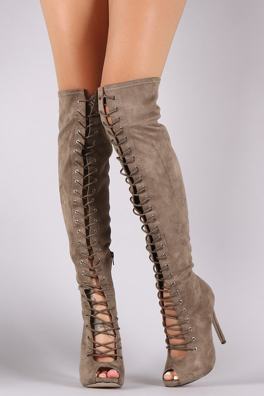 Suede Corset Lace Up Stiletto Over-The-Knee Boots