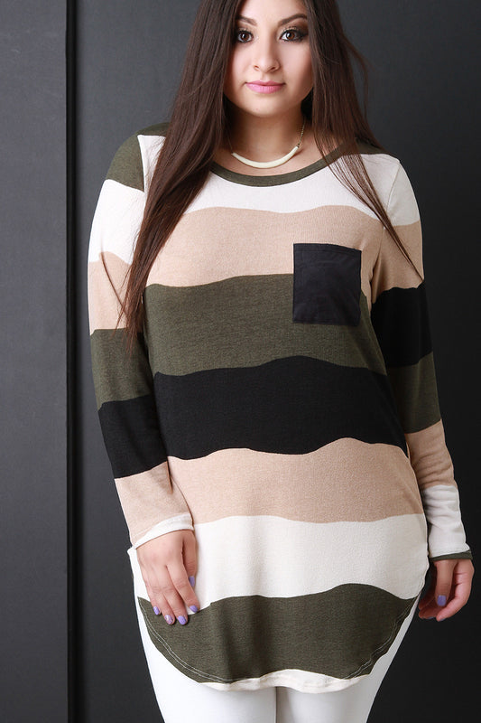 Suede Pocket Striped Long Sleeve Top