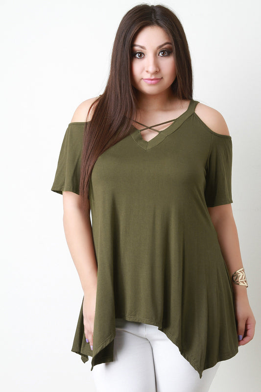 Jersey Knit Cold Shoulder Handkerchief Hem Top