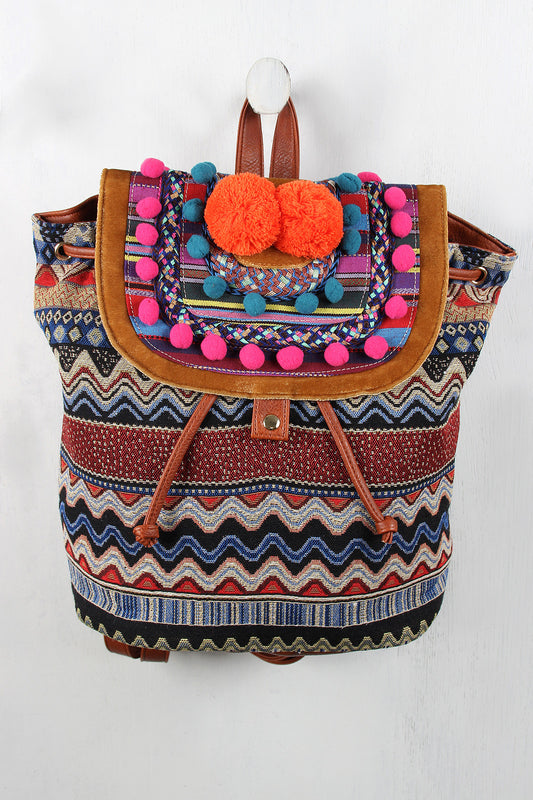 Multi Colored Drawstring Pom Pom Backpack
