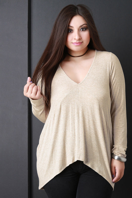 Rib Knit Long Sleeves High Low Tunic Top