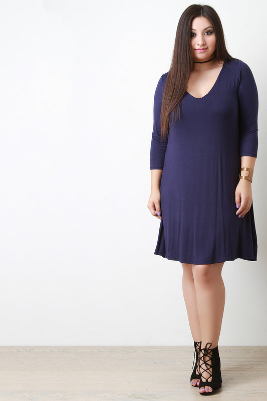 Double Layer V Neck Half Sleeve Tee Shirt Dress