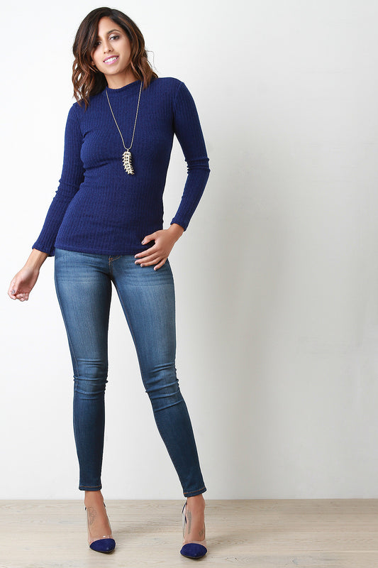Ribbed Knit Mock Neck Long Sleeves Sweater Top