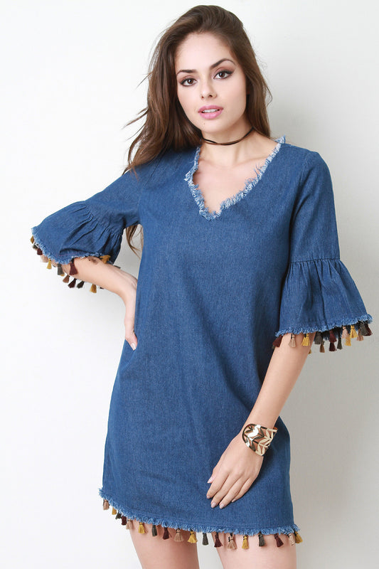 Frayed Hem Multi Colored Tassel Detail Bell Sleeve Shift Dress