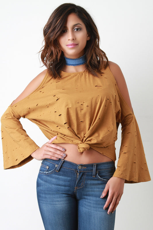 Knotted Cold Shoulder Bell Sleeve Crop Top