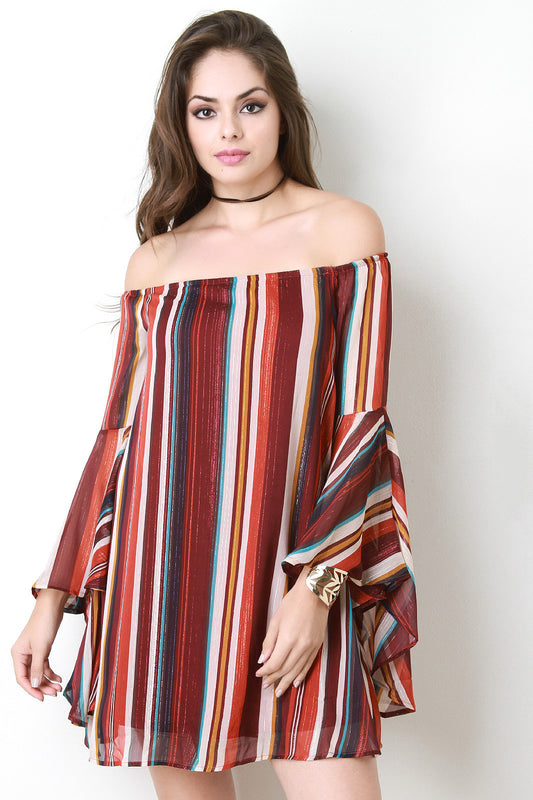 Colorful Striped Chiffon Off The Shoulder Bell Sleeve Dress