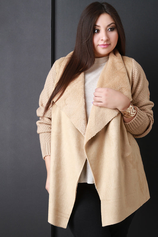 Faux Fur Draped Collar Knitted Sweater